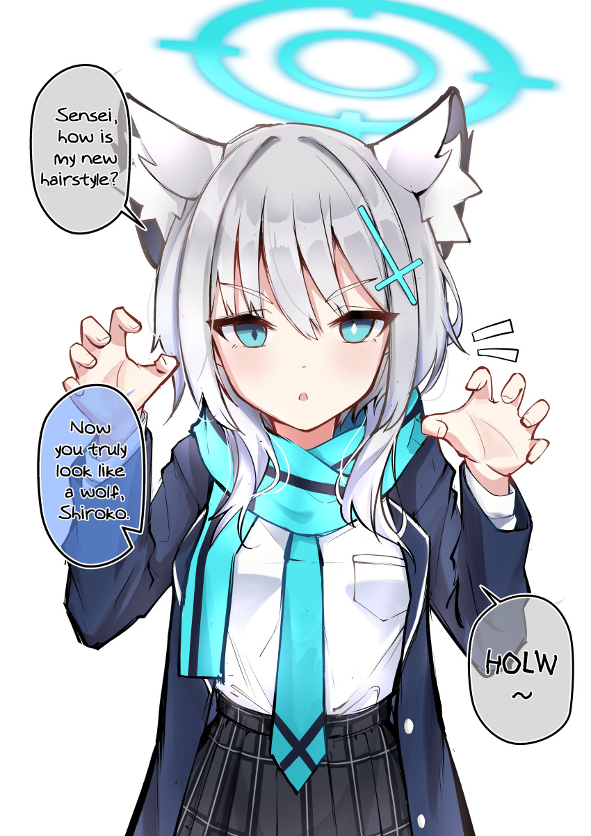 1girl, absurdres, animal_ear_fluff, animal_ears, black_jacket, black_skirt, blue_archive, blue_eyes