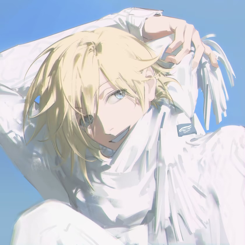 1boy, adjusting_scarf, arm_behind_head, blonde_hair, blue_background, blue_eyes, fai_d._flowright, fingernails