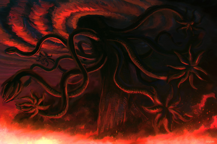 anniechromes, berserk, clouds, cloudy_sky, eldritch_abomination, emperor_ganishka, extra_arms, fire