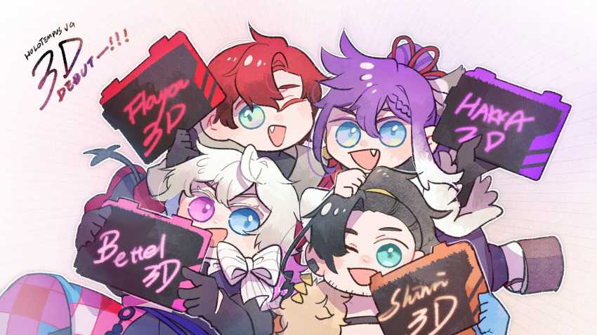 4boys, absurdres, banzoin_hakka, black_gloves, blue_eyes, blue_hair, celebration, chibi, earrings, english_commentary, english_text, eyelashes, fang, gavis_bettel, gloves, green_eyes, grey_hair, hair_between_eyes, happy, heterochromia, highres, holding, holding_sign, holostars, holostars_english, holotempus, jacket, jewelry, josuiji_shinri, licwiz_1103, long_hair, looking_at_viewer, machina_x_flayon, male_focus, multicolored_hair, multiple_boys, one_eye_closed, open_mouth, pink_eyes, pink_hair, ponytail, purple_hair, redhead, shirt, short_hair, sign, smile, upper_body, virtual_youtuber, white_background