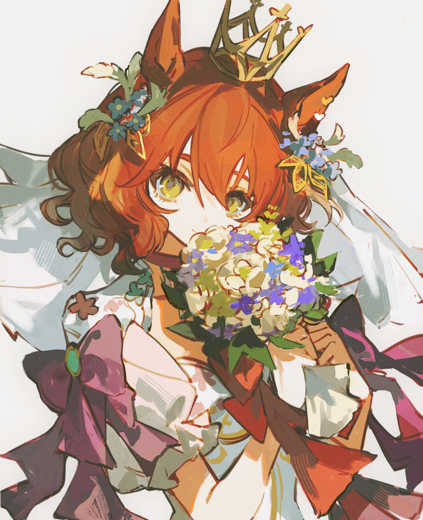 1girl, aston_machan_(umamusume), bouquet, bow, bridal_veil, choker, covering_own_mouth, crown