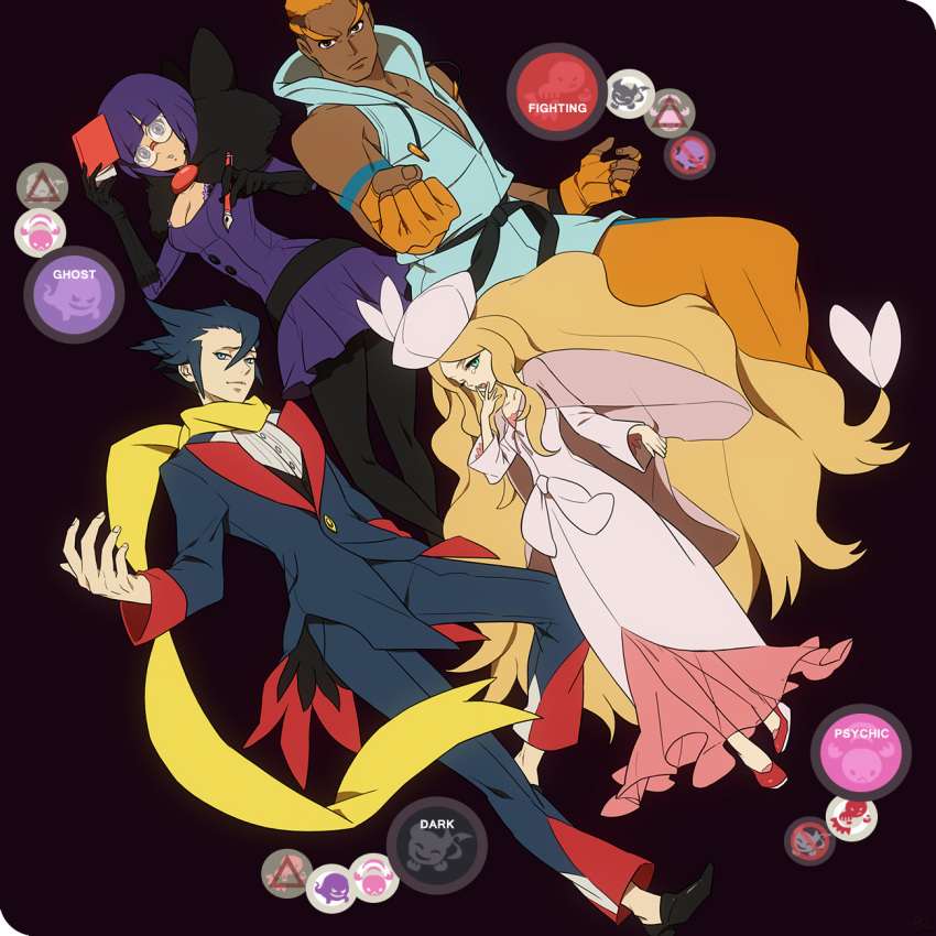 black_pantyhose, blue_eyes, breasts, cattleya_(pokemon), cleavage, dark_skin, dress, elite_four