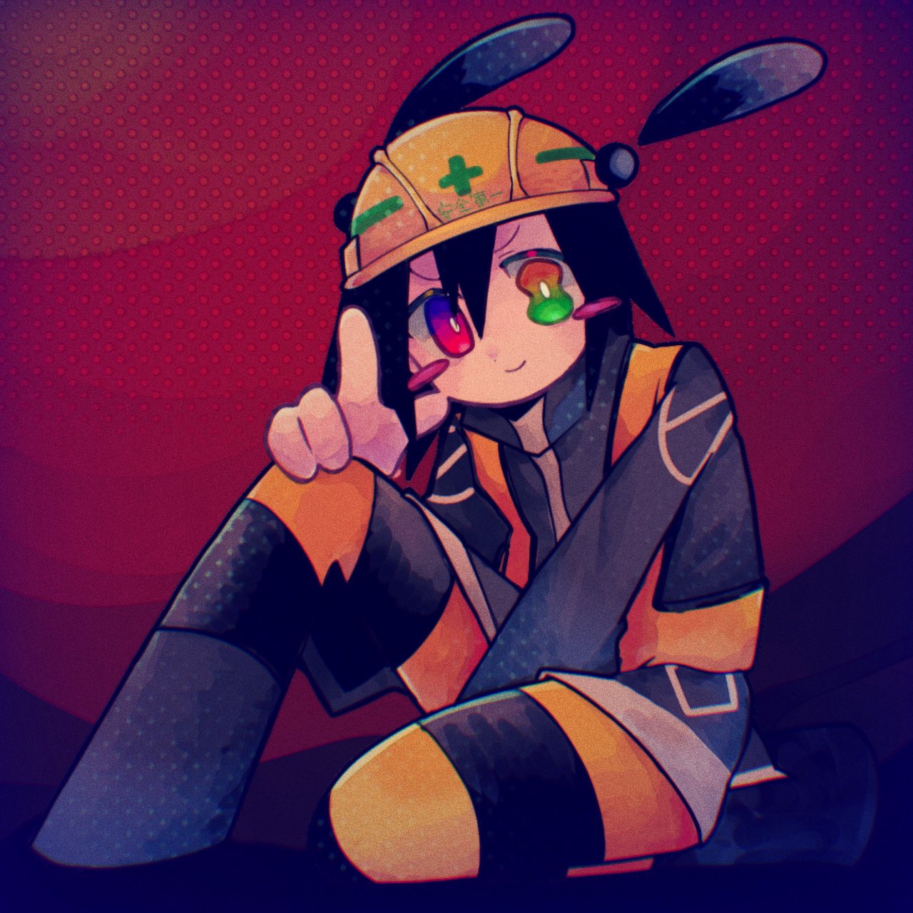 1other, androgynous, arm_between_legs, black_coat, black_hair, blush_stickers, boots, bright_pupils