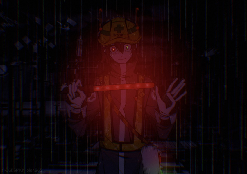 1other, androgynous, bags_under_eyes, black_coat, black_hair, bright_pupils, chromatic_aberration, closed_mouth