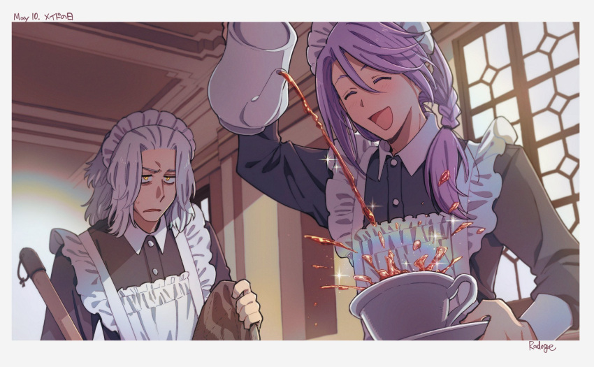 2boys, ^_^, alternate_costume, apron, arm_up, artist_name, bags_under_eyes, black_shirt