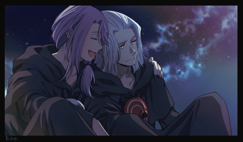 2boys, artist_name, black_border, black_capelet, black_robe, border, capelet, closed_eyes