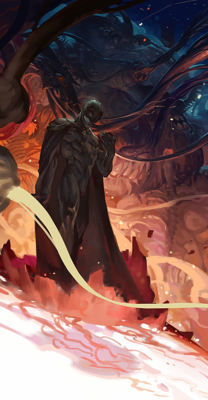 1boy, arm_up, armor, berserk, black_armor, black_cloak, cloak, closed_mouth