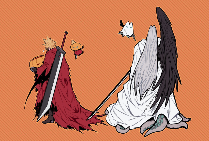 2boys, alternate_costume, black_wings, blue_eyes, boots, brown_footwear, brown_gloves, buster_sword