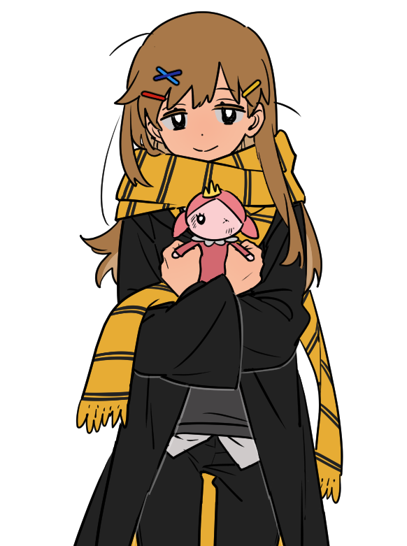 1girl, brown_hair, cloak, doll, hair_ornament, hairclip, harry_potter_(series), hogwarts_school_uniform
