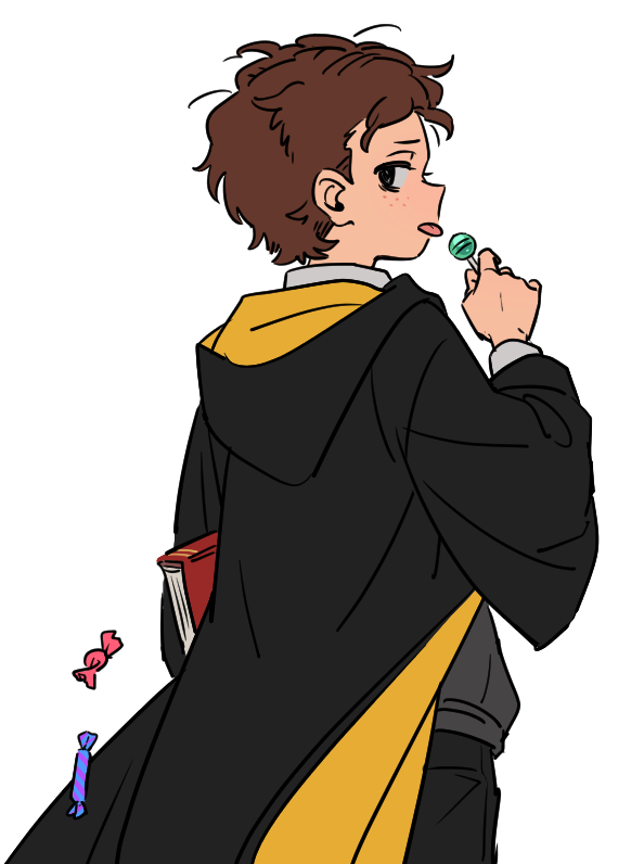 1boy, black_eyes, book, brown_hair, candy, cloak, food, freckles