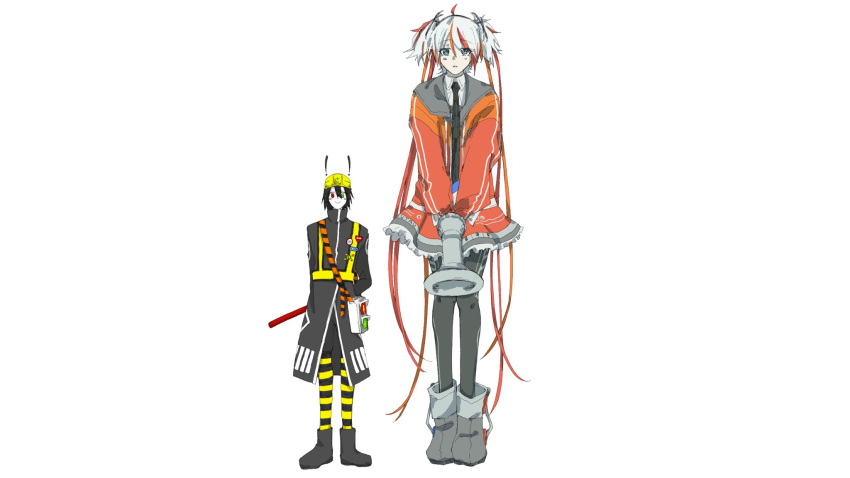 1girl, 1other, 717_(717u249122), ahoge, androgynous, arm_behind_back, black_coat, black_footwear, black_hair, black_necktie, black_pantyhose, black_shorts, blue_eyes, blush_stickers, boots, closed_mouth, coat, collared_shirt, colored_skin, copyright_name, denka_shaa, floating_headgear, full_body, giant, giantess, green_eyes, grey_footwear, grey_hair, hard_hat, headgear, helmet, heterochromia, high-visibility_vest, high_collar, highres, holding, holding_megaphone, jacket, long_hair, looking_at_viewer, megaphone, michishirube_kiro, multicolored_hair, necktie, open_clothes, open_jacket, orange_hair, pantyhose, pantyhose_under_shorts, parted_lips, pedestrian_lights, red_eyes, red_jacket, red_skirt, redhead, shirt, short_hair, shorts, shoulder_strap, side-by-side, simple_background, size_difference, skirt, smile, standing, streaked_hair, striped_clothes, striped_pantyhose, traffic_baton, twintails, two-tone_eyes, utau, v_arms, very_long_hair, white_background, white_skin, yellow_eyes