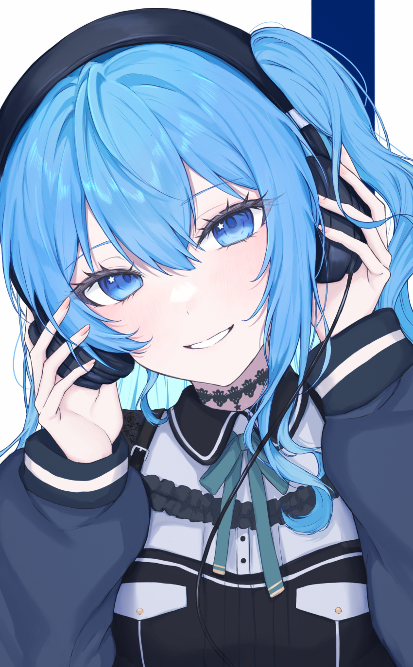 1girl, absurdres, black_dress, blue_eyes, blue_hair, blush, choker, dress