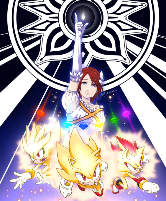 1girl, 3boys, arm_up, chaos_emerald, chiba_tsukasa, clenched_hand, dress, fire, furry, furry_male, gloves, grey_eyes, looking_at_viewer, multiple_boys, open_mouth, princess_elise_the_third, red_eyes, redhead, shadow_the_hedgehog, short_hair, silver_the_hedgehog, sonic_(series), sonic_the_hedgehog, sonic_the_hedgehog_(2006), super_shadow, super_silver, super_sonic, tears, white_dress, white_fire, white_gloves