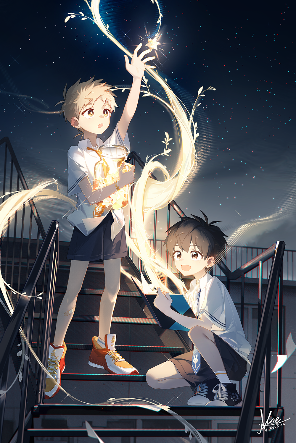 2boys, black_eyes, black_hair, black_shorts, blonde_hair, book, child, highres