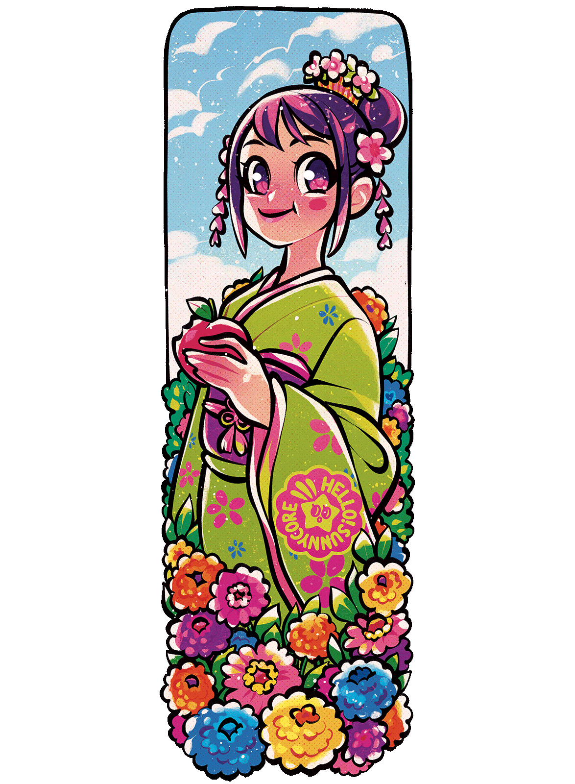 1girl, apple, blush_stickers, child, clouds, english_commentary, food, fruit, green_kimono, hair_bun, hair_ornament, hellosunnycore, highres, holding, holding_food, holding_fruit, japanese_clothes, kimono, kurozumi_tama, obi, one_piece, purple_hair, sash, sky, smile, solo, violet_eyes, watermark, wide_sleeves