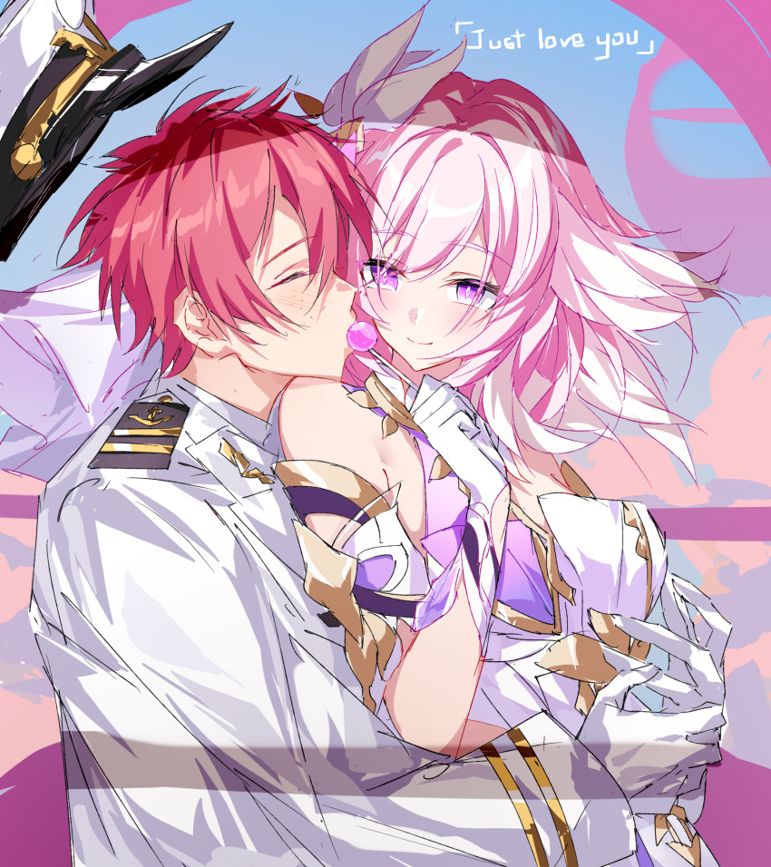 1boy, 1girl, bare_shoulders, breasts, candy, captain_(honkai_impact), closed_eyes, closed_mouth