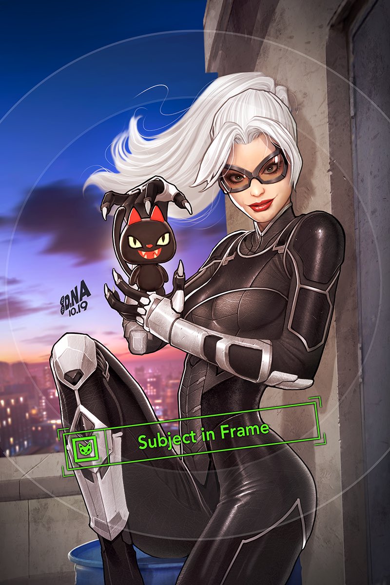 1girl, black_bodysuit, black_cat, bodysuit, cat, dated, david_nakayama, english_text