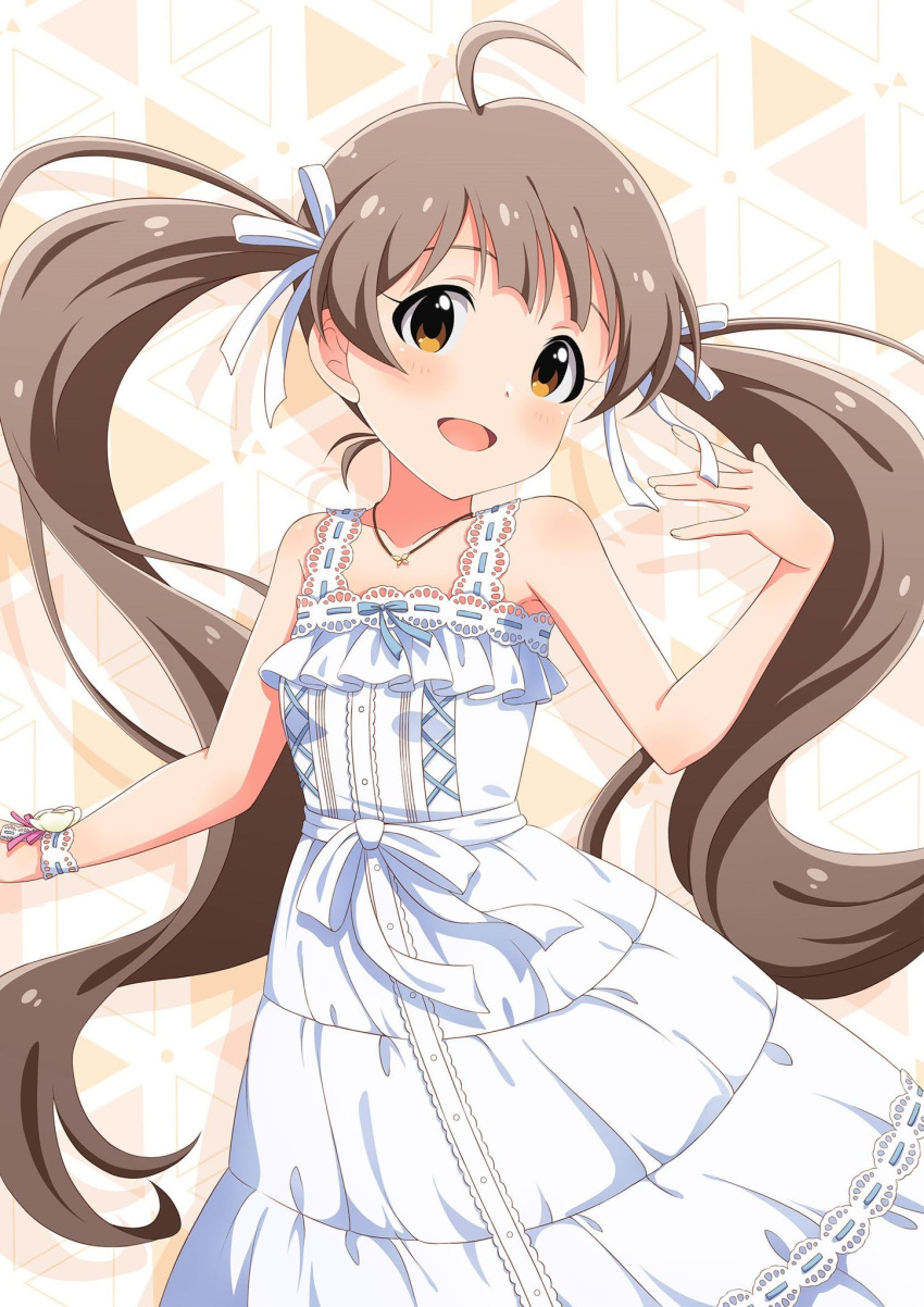 1girl, :d, \||/, ahoge, bare_arms, bare_shoulders, blue_bow, blue_ribbon, blush, bow, breasts, brown_background, brown_eyes, brown_hair, collarbone, commentary_request, cowboy_shot, dress, frilled_dress, frills, goma_konbu, hair_ribbon, hakozaki_serika, hand_up, head_tilt, highres, idolmaster, idolmaster_million_live!, jewelry, long_hair, looking_at_viewer, multicolored_background, necklace, open_mouth, pendant, pink_ribbon, pure_onepiece_(idolmaster), raised_eyebrows, ribbon, sleeveless, sleeveless_dress, small_breasts, smile, solo, swept_bangs, tareme, turning_head, twintails, very_long_hair, white_background, white_bow, white_dress, white_ribbon, white_wristband, wrist_flower, wristband