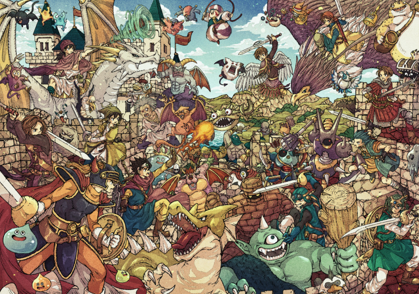 angel_wings, armor, battle, black_hair, blue_hair, brown_gloves, brown_hair, cape, character_request, crown, dancing_flame, dragon, dragon_quest, dragon_quest_i, dragon_quest_ii, dragon_quest_iii, dragon_quest_iv, dragon_quest_ix, dragon_quest_v, dragon_quest_vi, dragon_quest_vii, dragon_quest_viii, dragon_quest_x, dragon_quest_xi, fake_horns, frostburn_(dragon_quest), gloves, goggles, goggles_on_headwear, golem_(dragon_quest), green_hair, grey_hair, halo, healslime, helmet, hero_(dq1), hero_(dq10), hero_(dq11), hero_(dq3), hero_(dq4), hero_(dq5), hero_(dq6), hero_(dq7), hero_(dq8), hero_(dq9), holding, holding_staff, holding_sword, holding_weapon, holding_whip, hood_(dragon_quest), horned_helmet, horns, king_slime_(dragon_quest), lime_slime, liquid_metal_slime_(dq), munchie_(dq8), open_mouth, prince_of_lorasia, red_cape, roto_(dq3), she-slime, shield, slime_(creature), slime_(dragon_quest), staff, sword, tongue, tongue_out, toriga, weapon, wings, wrecktor