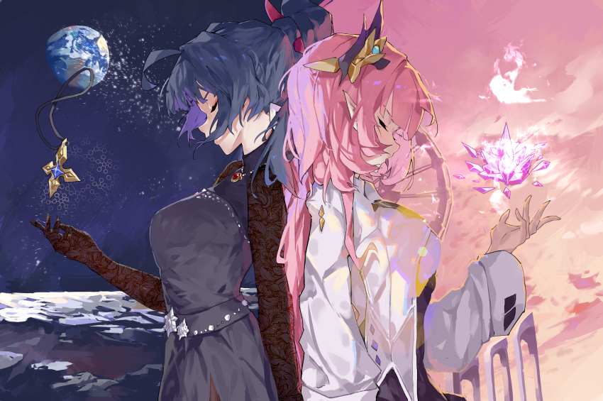 2girls, absurdres, breasts, closed_eyes, crystal_flower, dress, earth_(planet), elf