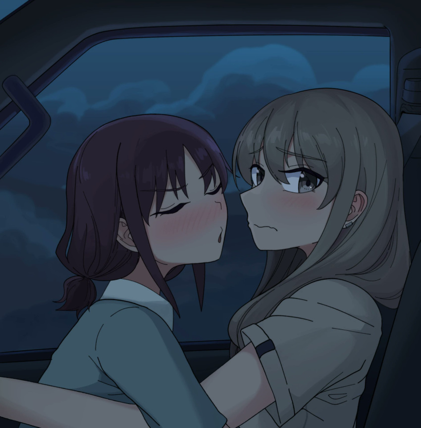2girls, blue_sky, bluecloud, blush, car_interior, closed_eyes, closed_mouth, clouds, cloudy_sky, commentary, earclip, girls_band_cry, grey_eyes, grey_shirt, hashtag-only_commentary, highres, imminent_kiss, iseri_nina, kawaragi_momoka, light_brown_hair, long_hair, looking_at_viewer, multiple_girls, night, puckered_lips, purple_hair, shirt, short_sleeves, short_twintails, sky, twintails, upper_body, yuri