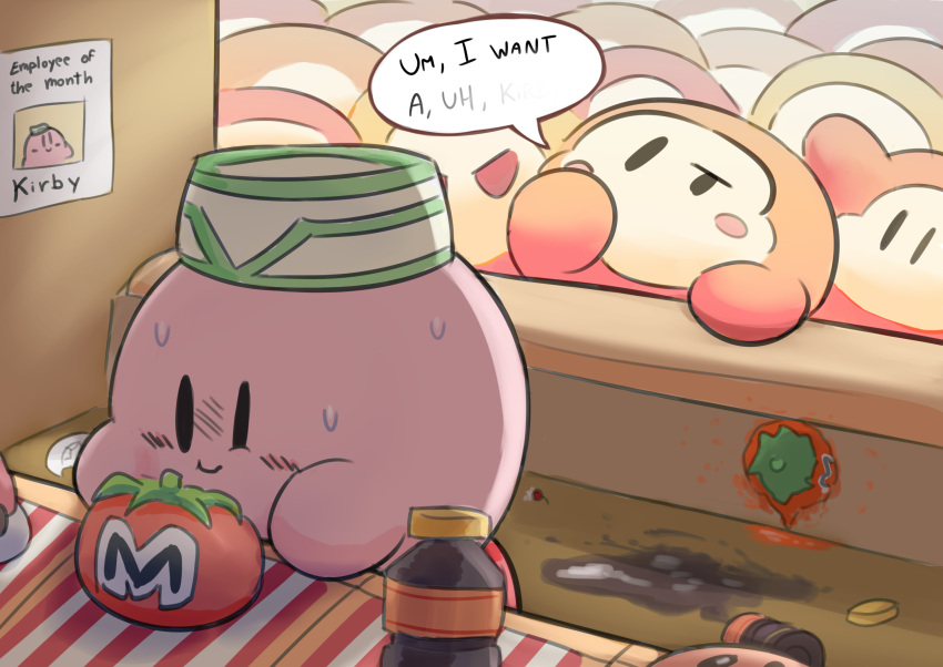 blush_stickers, broken_plate, car-mouth_cake, counter, dropped_food, energy_drink_(kirby), forced_smile, highres
