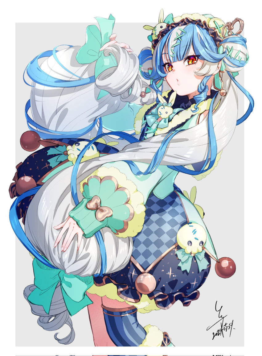 1girl, blue_hair, blush, dated, double_bun, hair_bun, hat, highres