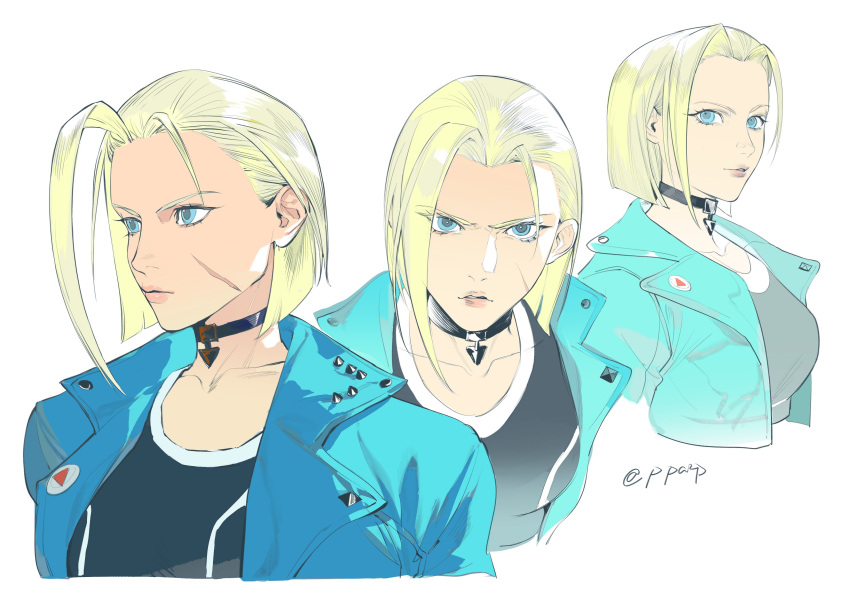 1girl, absurdres, ahoge, bingansuan_jiamouren, black_choker, black_sports_bra, blonde_hair, blue_eyes