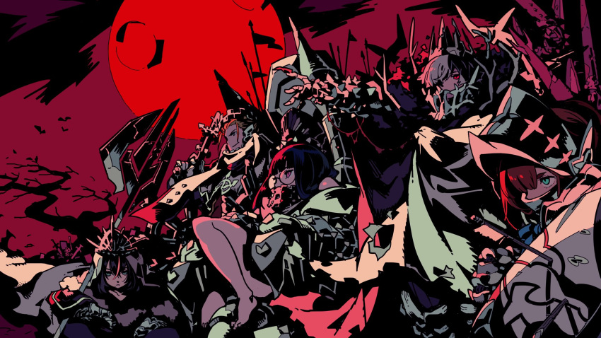 2girls, 3boys, armor, blue_eyes, crown, date_ryotaro, everyone, flag, glasses, highres, himukai_yuuji, hinata_nozomi, lance, monark, moon, multiple_boys, multiple_girls, official_art, polearm, protagonist_(monark), red_eyes, red_moon, second-party_source, shield, shinya_yuda, spear, surugadai_kokoro, tree, weapon