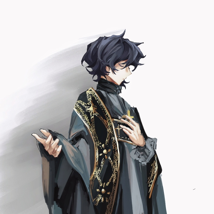1boy, blue_hair, cassock, chinese_commentary, closed_eyes, commentary_request, cross, dark_blue_hair