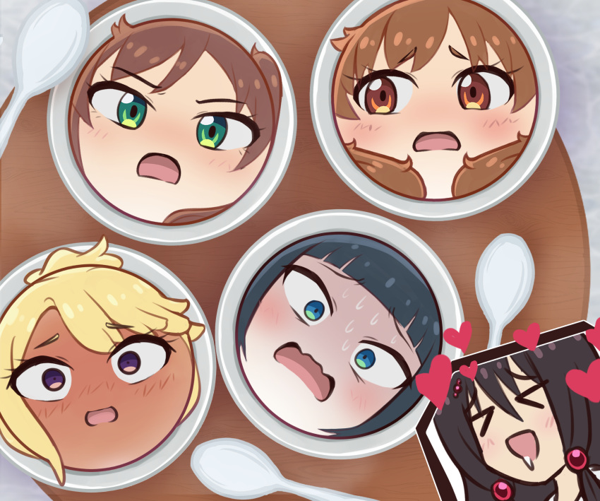 >_<, 5girls, anger_vein, angry, bad_end, black_hair, blonde_hair, blue_eyes