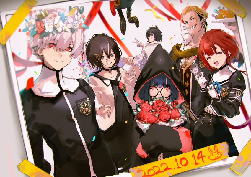 absurdres, anniversary, bone, date_ryotaro, dated, flower, food, glasses