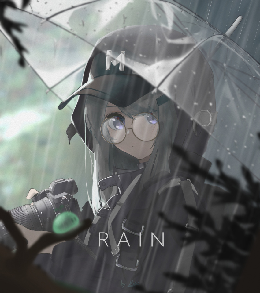 1girl, absurdres, baseball_cap, black_hat, black_jacket, blurry, blurry_background, camera