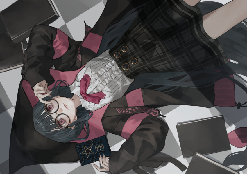 blue_hair, book, eye_symbol, glasses, highres, hood, hoodie, jacket