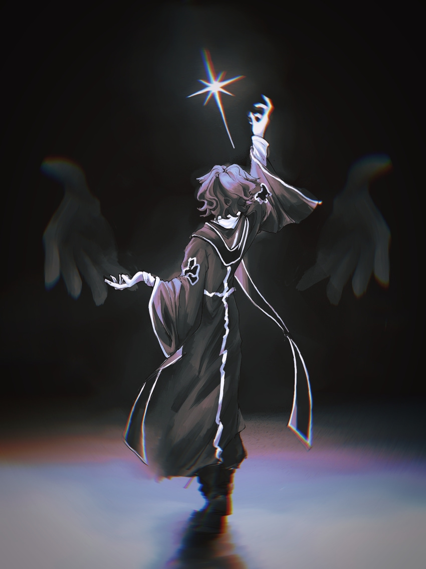1boy, arm_up, black_hair, black_robe, chinese_commentary, commentary_request, curly_hair, film_grain