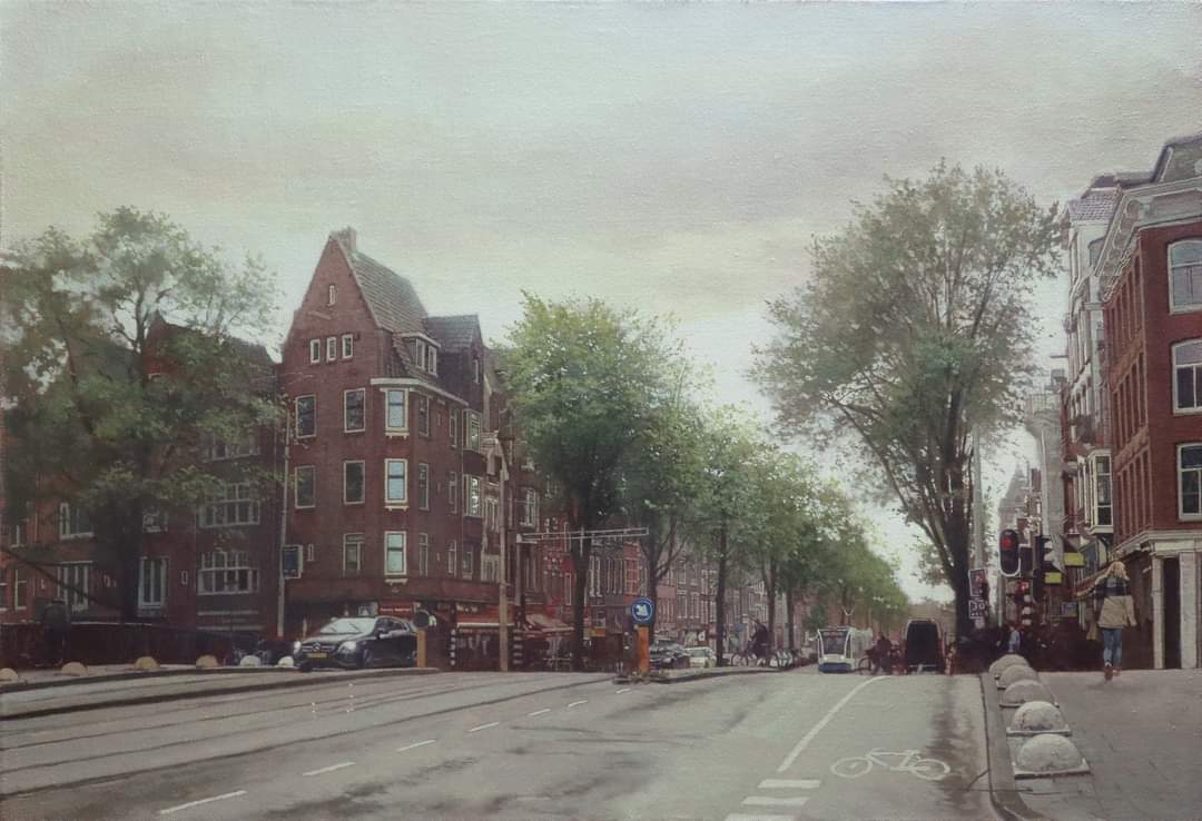 amsterdam, apartment, building, car, commentary_request, day, motor_vehicle, motorcycle, naohiro_ito, netherlands, no_humans, original, painting_(medium), real_world_location, road, road_sign, scenery, sign, street, sunlight, traditional_media, traffic_light, tree, watercolor_(medium)