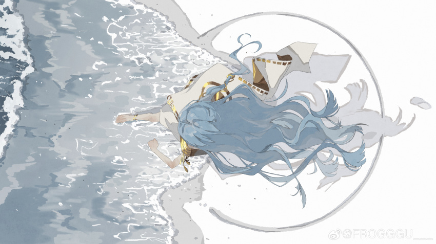 1girl, 37_(reverse:1999), absurdres, ancient_greek_clothes, barefoot, blue_hair, circle, footprints