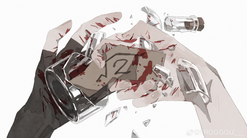 1girl, absurdres, black_gloves, blood, blood_on_hands, bottle, broken_bottle, fingerless_gloves