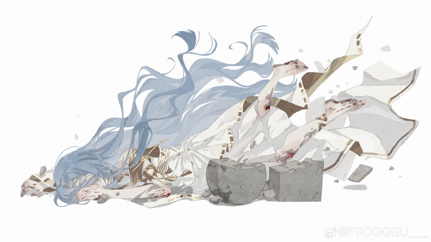 1girl, 37_(reverse:1999), absurdres, ancient_greek_clothes, armlet, barefoot, blue_hair, dirty