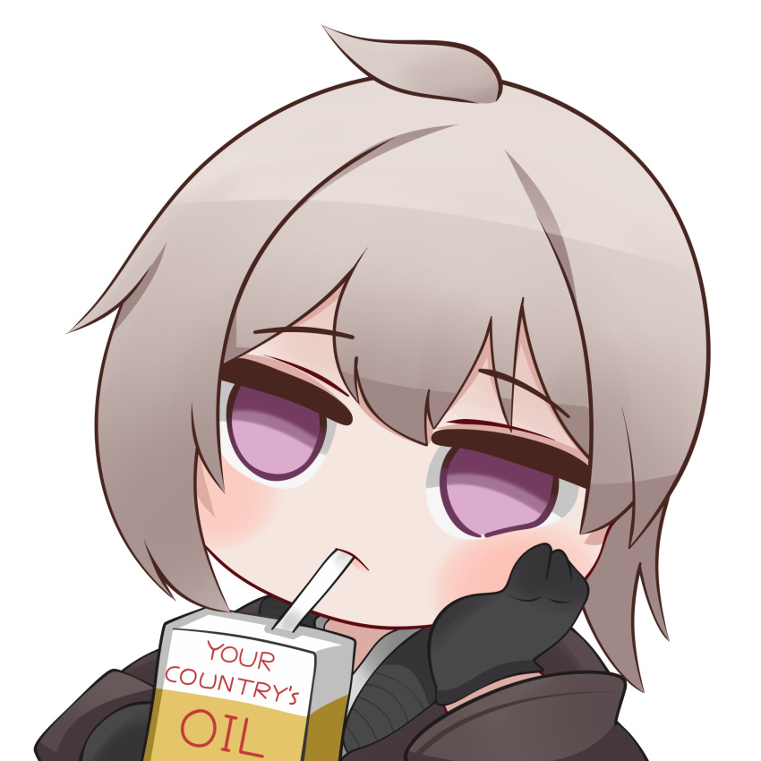 1girl, ahoge, black_gloves, brown_jacket, chibi, commentary, drinking_straw, drinking_straw_in_mouth, empty_eyes, english_commentary, english_text, expressionless, furrowed_brow, girls_frontline, gloves, grey_hair, hand_on_own_cheek, hand_on_own_face, highres, jacket, juice_box, long_hair, long_sleeves, looking_at_viewer, m200_(girls'_frontline), solo, upper_body, violet_eyes, yuga_pratama