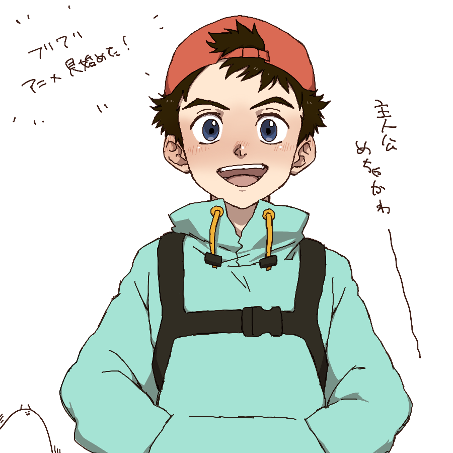 1boy, backwards_hat, bag, blue_eyes, brown_hair, child, commentary_request, flcl