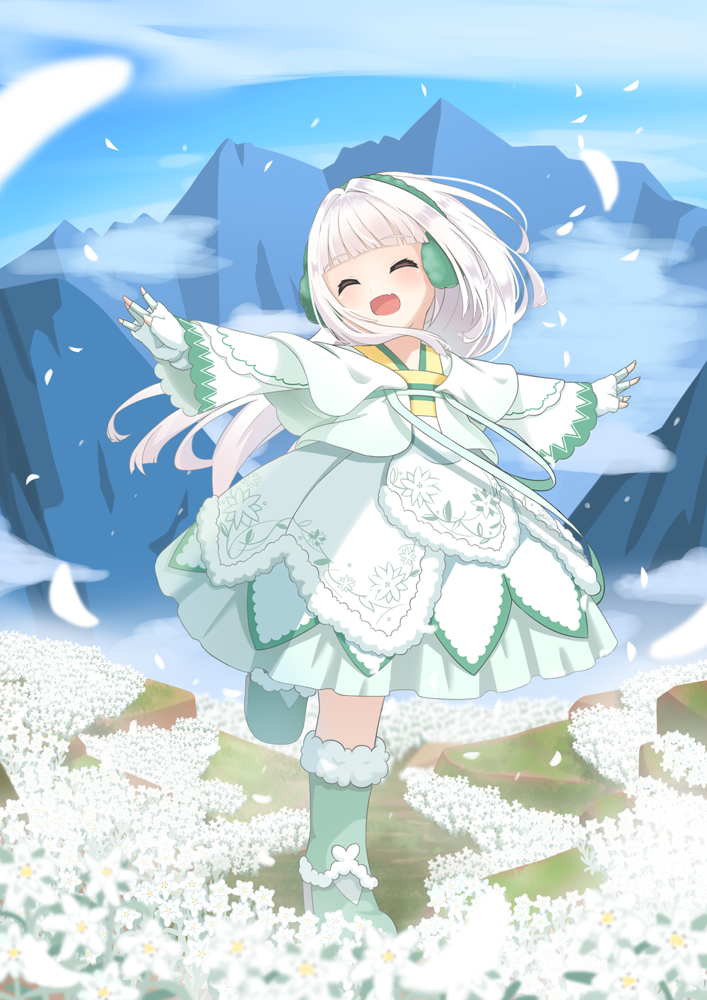 1girl, blunt_bangs, blush, boots, closed_eyes, dress, earmuffs, fang