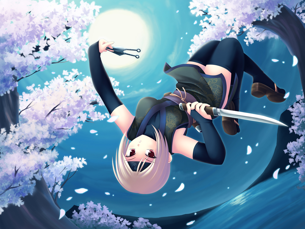 blonde_hair, maxwindy, moon, night, ninja, petals, red_eyes, short_hair