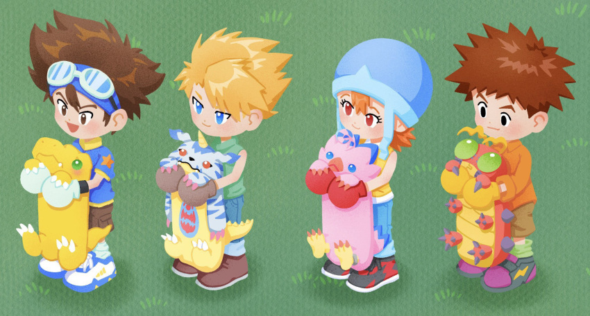 1girl, 3boys, agumon, blonde_hair, blue_eyes, blush, brown_eyes, brown_hair