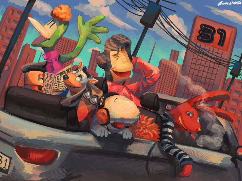 1girl, 31_minutos, 5boys, animal_ears, animal_nose, argyle_clothes, argyle_socks, black_shirt, blue_jacket, blue_sky, blue_suit, building, button_eyes, buttons, calcetin_con_rombos_man, cityscape, clouds, collared_shirt, driving, duck_girl, dutch_angle, feathers, goggles, green_feathers, grey_car, half-closed_eye, hand_on_own_head, headphones, headset, highres, jacket, juan_carlos_bodoque, juanin_juan_harry, looking_at_another, looking_at_viewer, looking_back, mario_hugo, motor_vehicle, multiple_boys, newspaper, no_eyes, open_mouth, orange_hair, patana, pink_shirt, policarpo_avendano, power_lines, puppet, rabbit_boy, rabbit_ears, rabbit_tail, reading, red_fur, shirt, sky, smile, smoking, striped_clothes, striped_shirt, suit, tail, tulio_trivino, turning_head, vichi_60, waving, white_fur, white_shirt
