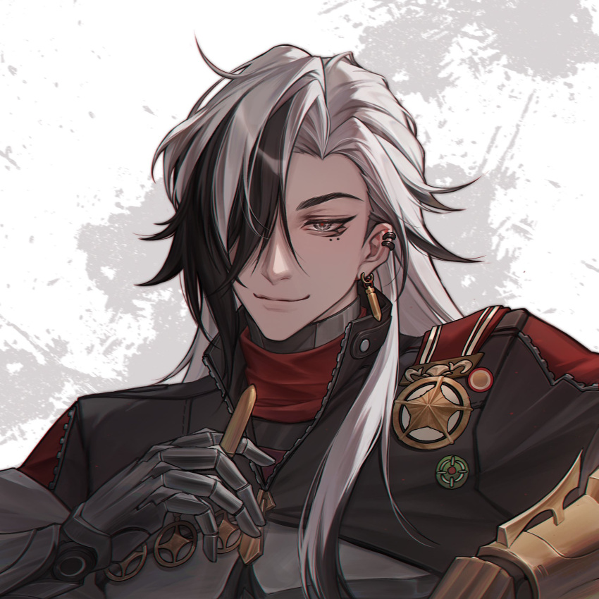 1boy, bh495, black_hair, boothill_(honkai:_star_rail), bullet, closed_mouth, ear_piercing, earrings, hair_over_one_eye, highres, holding, holding_bullet, honkai:_star_rail, honkai_(series), jewelry, light_smile, long_hair, male_focus, multicolored_hair, piercing, police_badge, solo, split-color_hair, two-tone_hair, white_hair, zipper