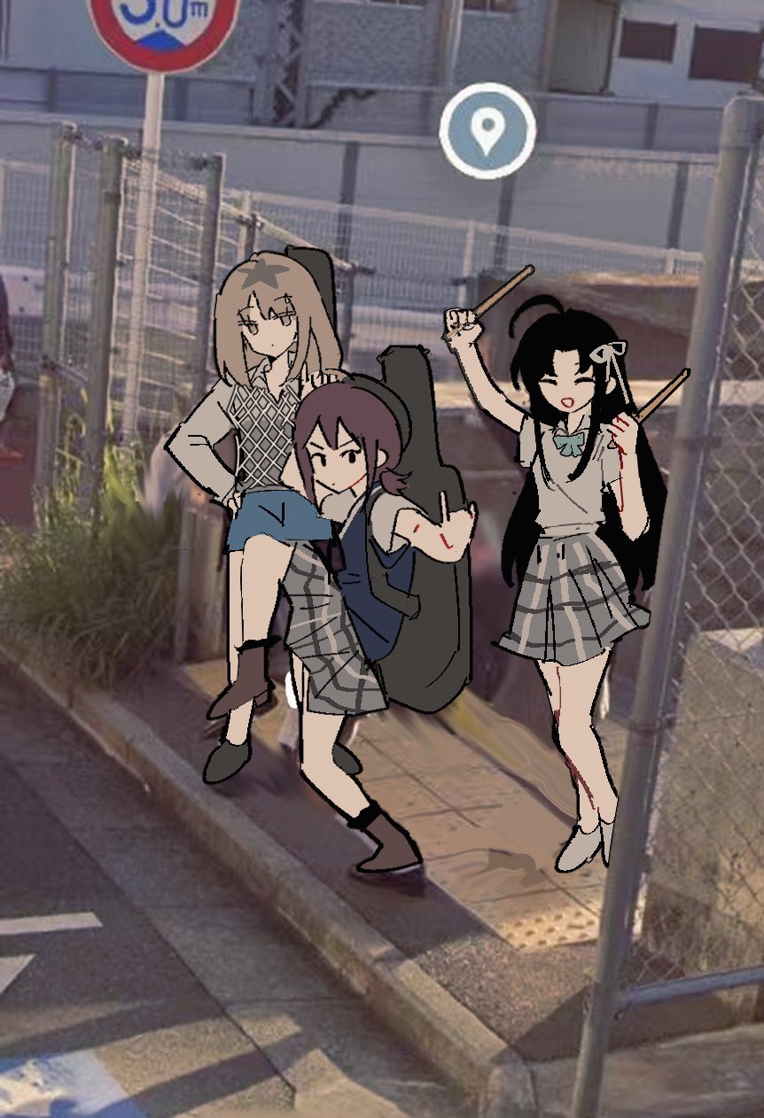 3girls, awa_subaru, black-framed_eyewear, black_footwear, blue_bow, blue_bowtie, blue_shirt, blue_shorts