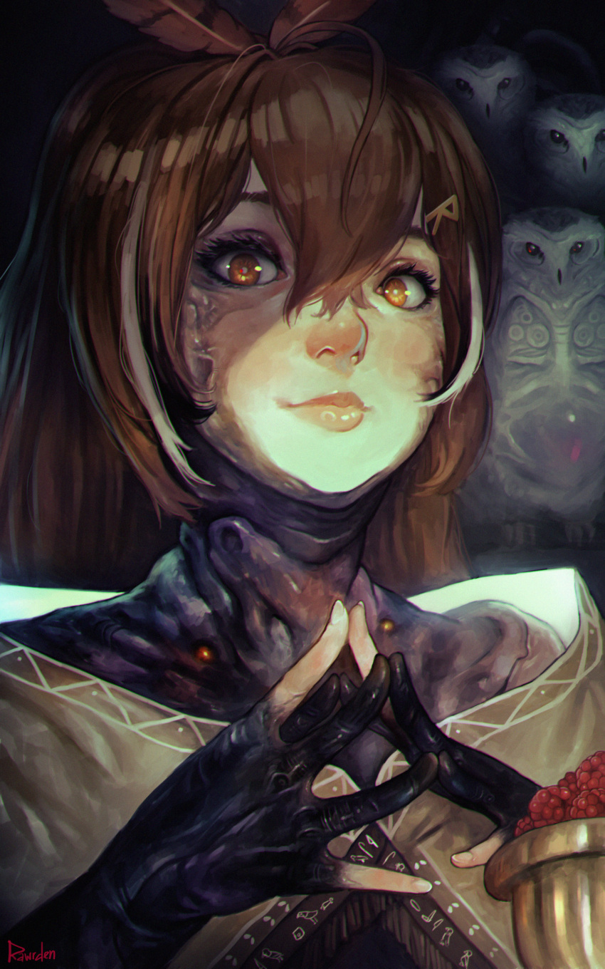 1girl, absurdres, berry, bird, brown_eyes, brown_hair, corruption, english_text, hair_between_eyes, hair_ornament, highres, hololive, hololive_english, horror_(theme), lips, looking_at_viewer, nanashi_mumei, nose, owl, rawrden, solo, steepled_fingers, textless_version, upper_body, virtual_youtuber