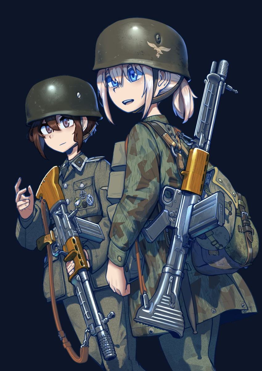 2girls, ammunition_pouch, battle_rifle, bayonet, belt, blonde_hair, blue_eyes, breast_pocket