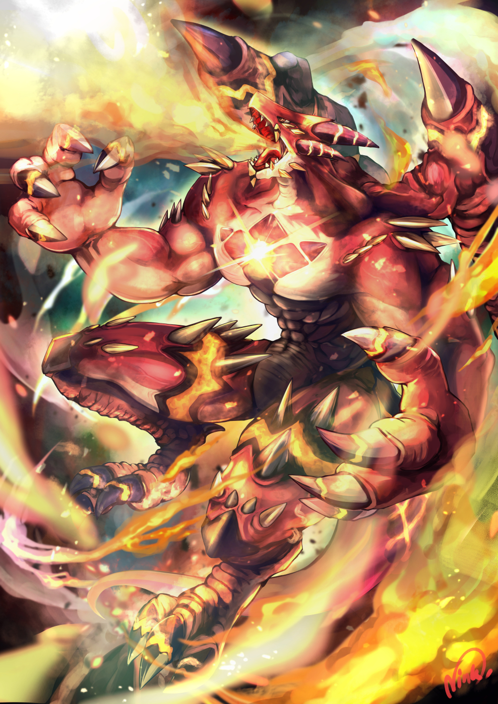 1boy, animal_feet, artist_name, breath_weapon, breathing_fire, claws, colored_skin, dragon